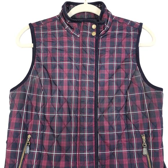 Talbots Womens Quilted Plaid Vest Size Small Petite Red Navy Full Zip Snap Front - Picture 2 of 12